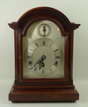 A bracket clock in a mahogany case with Westminster chimes, silvered dial bearing Roman numerals, - Image 2 of 4