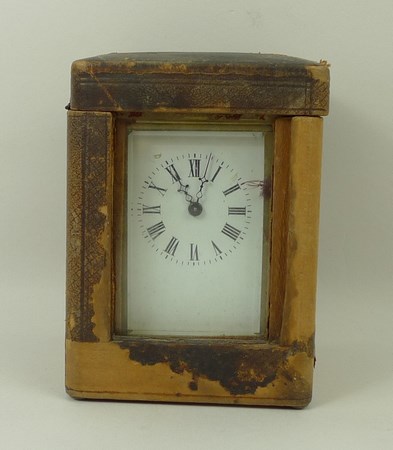 A brass cased carriage clock, late 19th century, enamel dial bearing Roman numerals, - Image 5 of 6