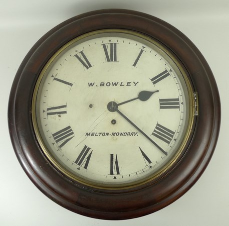 A Victorian circular, oak cased wall clock, W Bowley, Melton Mowbray,