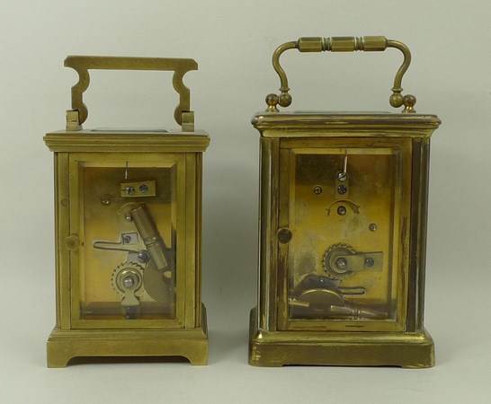 A brass cased carriage clock, late 19th century, enamel dial bearing Roman numerals, - Image 3 of 6
