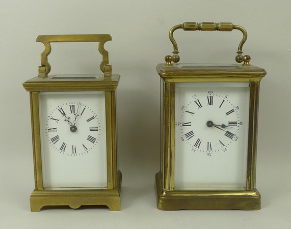 A brass cased carriage clock, late 19th century, enamel dial bearing Roman numerals, - Image 2 of 6
