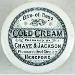 HEREFORD COLD CREAM POT LID & BASE. 3ins diam, ‘OTTO OF ROSE/ COLD CREAM/ PREPARED BY/ CHAVE &