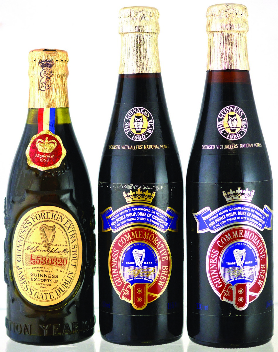 3 GUINNESS BOTTLES. ‘QUEENS CORONATION BREW 1953’ & (2) ‘PRINCE PHILIP GUINNESS COMMEMORATIVE BREW