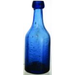 ALBANY BLUE FACETTED CYLINDER BOTTLE. 7.5ins tall, blue glass blob top facetted cylinder embossed ‘