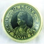 DE LEONS CHERRY TOOTH-PASTE POT LID. 3.25ins diam, transferred ‘DE LEONS CHERRY TOOTHPASTE FOR