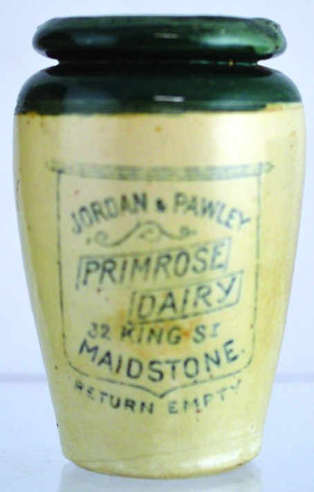 MAIDSTONE CREAM POT. 3.75ins tall, green top, green transfer ‘JORDAN & PAWLEY PRIMROSE/ DAIRY/ 32