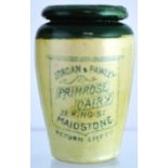 MAIDSTONE CREAM POT. 3.75ins tall, green top, green transfer ‘JORDAN & PAWLEY PRIMROSE/ DAIRY/ 32