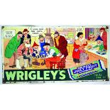 WRIGLEY’S PRESSED TIN SIGN. 21 x 11ins, multicoloured busy cartoon scene of men playing draughts