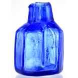 OCTAGONAL INK. 2.5ins tall, cobalt blue glass, crudely shaped octagonal ink with pen recess &