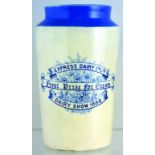 EXPRESS DAIRY CO LTD CREAM POT. 5.25ins tall, blue top, blue transfer ‘EXPRESS DAIRY CO LTD/ FIRST