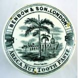 BENBOW & SON TOOTHPASTE POT LID & BASE. 2.6ins diam, transferred ‘BENBOW & SON LONDON/ ARECA NUT