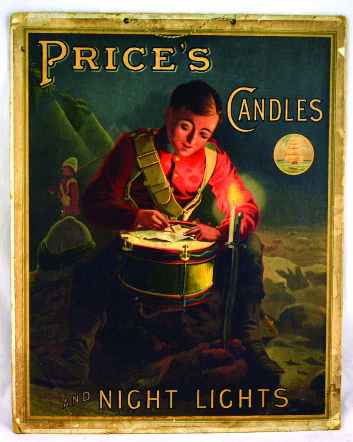 PRICE’S CANDLES MULTICOLOURED SHOWCARD. 18 by 14.5ins, drummer boy pictured writing letter resting