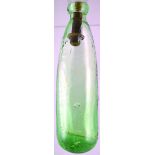 NOTTINGHAM ROUND BOTTOMED CYLINDER. Aqua glass with wooden stick stopper, weakly embossed ‘