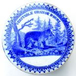 VERITABLE GRAISSE BOURS POT LID & BASE. 3ins diam, blue transfer showing bear with trees in