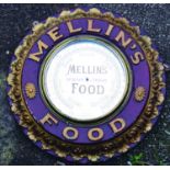 MELLINS FOODS MIRROED BAROMETER. 20ins diam, barometer in heavily carved frame ‘MELLINS FOOD’ in