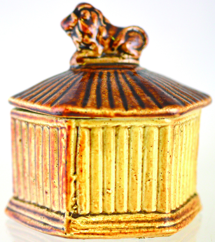 SMALL SIZE TOBACCO JAR? 3.75ins tall to top of lion shape finial to lid. Brown & light tan salt