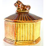 SMALL SIZE TOBACCO JAR? 3.75ins tall to top of lion shape finial to lid. Brown & light tan salt