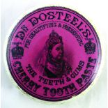 DR DOSTEELS CHERRY TOOTHPASTE POT LID. 3.5ins diam, deep pink background transferred ‘DR DOSTEEL’