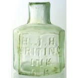 EMBOSSED INK. 2.25ins tall, pale aqua glass octagonal ink, embossed ‘H.J.H./ WRITING/ INK/ BB’. Very