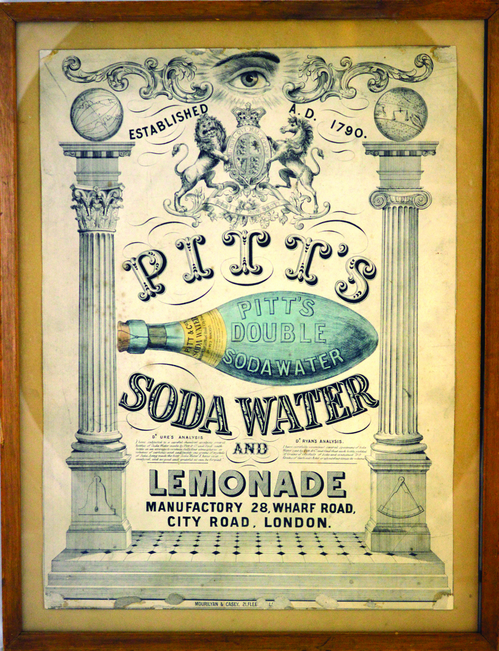 PITTS SODA WATER FRAMED ADVERT. 22 by 17ins, ‘ESTABLISHED A.D. 1790/ PITTS SODA WATER/ AND/