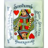 SCHWEPPES ASHTRAY. 4.75 by 3.75ins, Queen of Hearts playing card design ‘SCHWEPPES/ SODA SELTZER &