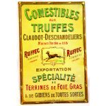 COMESTIBLES PRESSED TIN SIGN. 15 by 10ins, ‘COMESTIBLES/ AUX/ TRUFFES/ CLAUDOT - DES CHANDELIERS/