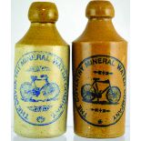 PAIR OF COVENTRY GINGER BEER BOTTLES. 6.75ins tall, both st. t.t. & all tan glaze. One blue transfer