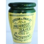 MAIDSTONE CREAM POT. 2.75ins tall, green top, green transfer ‘JORDAN & PAWLEY PRIMROSE/ DAIRY/ 32