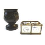 A brass cased clock/barometer desk compe