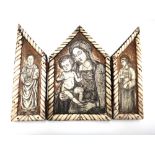 A carved bone triptych, 20th century, each panel depicting a religous figure, gilt heightened and