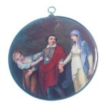 A circular enameled miniature, decorated with the central figure of a standing gentleman wearing a