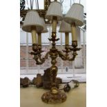 A Victorian style gilt metal five branch table lamp, modern, the central foliate cast stem issuing