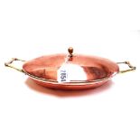 A W.A.S Benson copper and brass mounted chafing dish and cover, early 20th century, Arts and Crafts