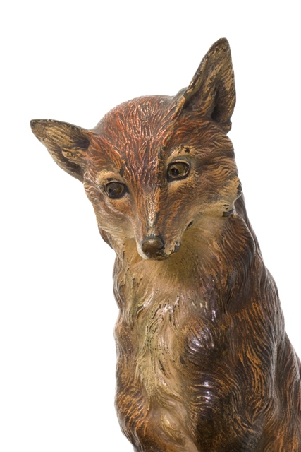 An Australian cold painted bronze fox, modelled seated atop a variegated marble vide poche of - Image 2 of 2
