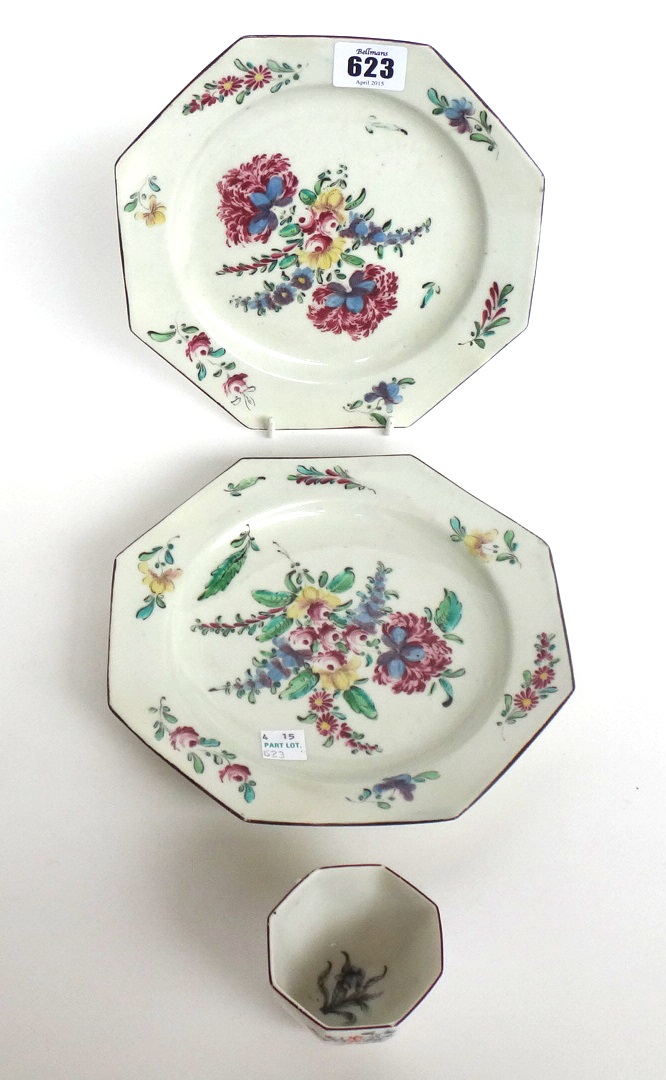 A pair of Bow octagonal plates, a Chelsea octagonal teabowl, circa 1755-60,