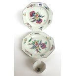 A pair of Bow octagonal plates, a Chelsea octagonal teabowl, circa 1755-60,