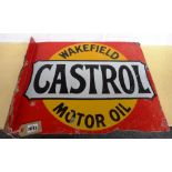 A vintage enamel motoring sign, early 20th century, detailed 'CASTROL WAKEFIELD MOTOR OIL', double
