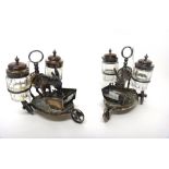 A pair of plated novelty cruets, each formed as a standing donkey feeding from a trough, the sides