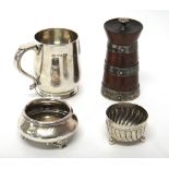 Silver and silver mounted wares, comprising; a christening mug, with a scrolling handle, Birmingham