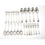 Silver fiddle pattern table flatware, comprising; six table forks, London 1816, four tablespoons,