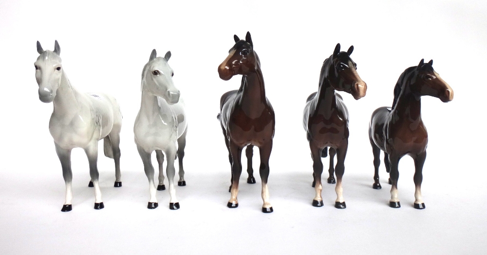 Five Beswick horses; two dapple grey colour, the other three brown gloss, black printed marks, 20. - Image 2 of 2