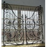 A pair of early 20th century black painted wrought iron arch top gates, 153cm wide x 166cm high.