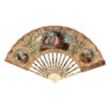 A Continental paper fan, 18th century, hand painted with three cartouches of period figures at
