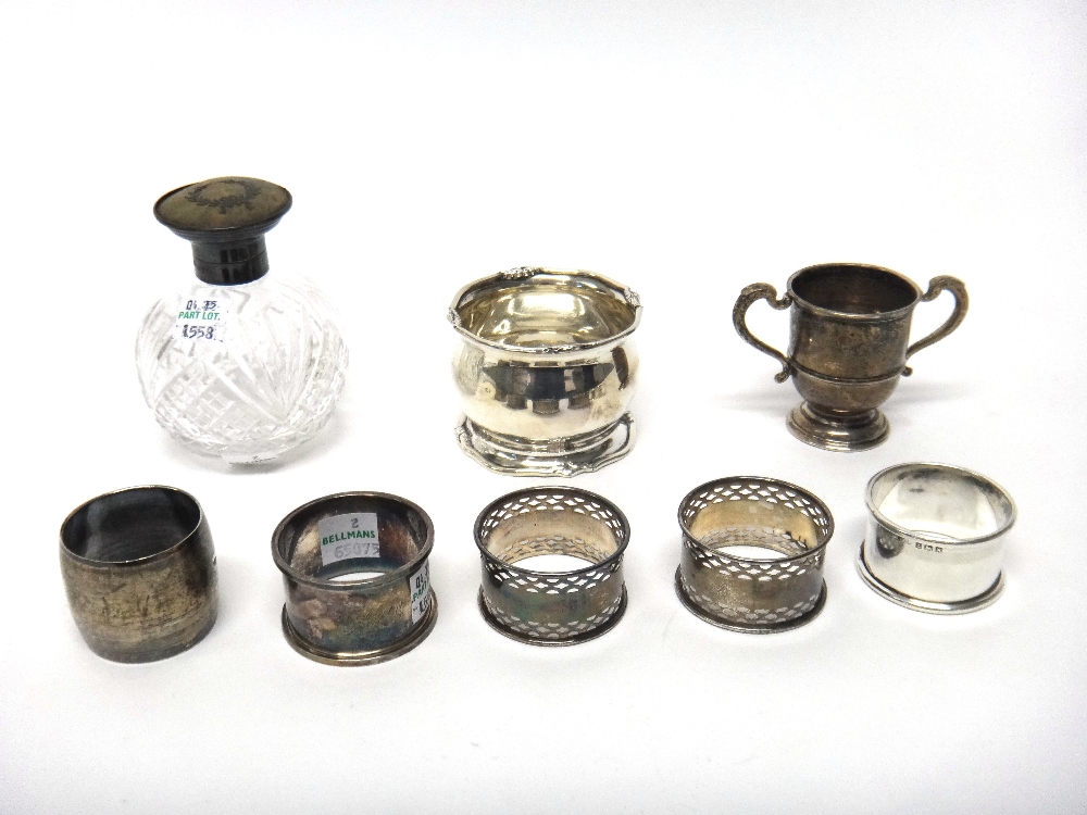 Silver and silver mounted wares, comprising; a pair of napkin rings, with pierced decoration,