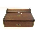 A Victorian brass bound mahogany tambour and slope front lap desk with fitted interior and single