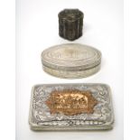 A rectangular hinge lidded box, decorated to the centre of the cover with a plated on copper panel,