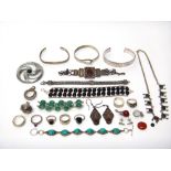 Silver and other jewellery, comprising; three bangles, five bracelets, a necklace, a brooch, four