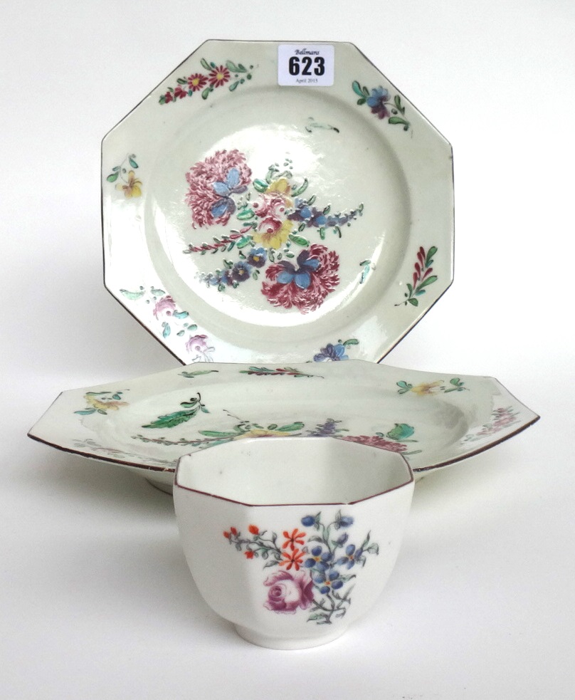 A pair of Bow octagonal plates, a Chelsea octagonal teabowl, circa 1755-60, - Image 2 of 4