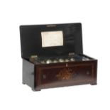 A walnut cased Swiss cylinder music box, late 19th century, the case marquetry inlaid, the hinged