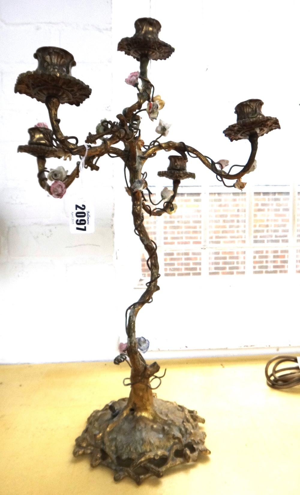 A gilt bronze five branch candelabra, early 20th century, the naturalistic tree base encrusted with - Image 6 of 6